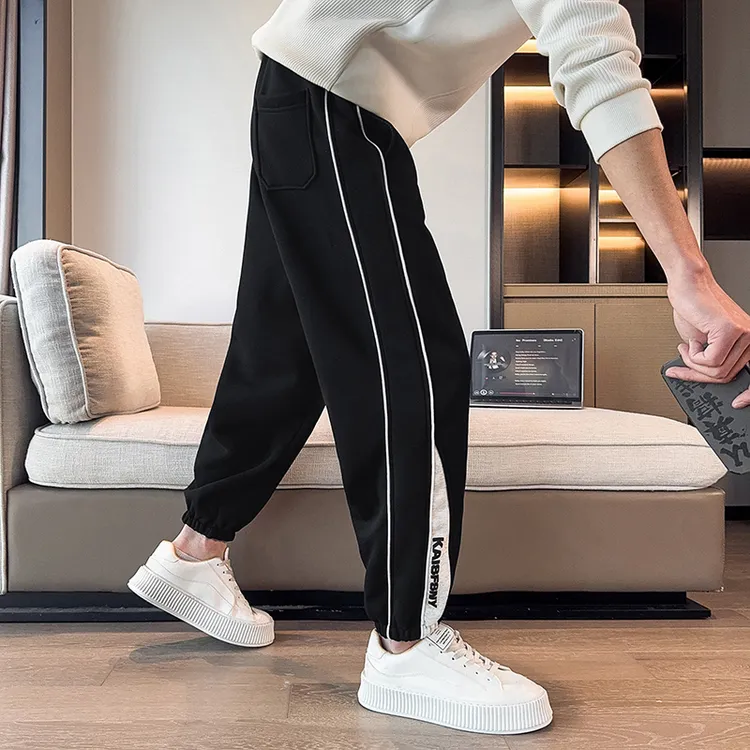 条纹卫裤男士春款高级感直筒宽松束脚运动九分秋装潮牌休闲长裤子