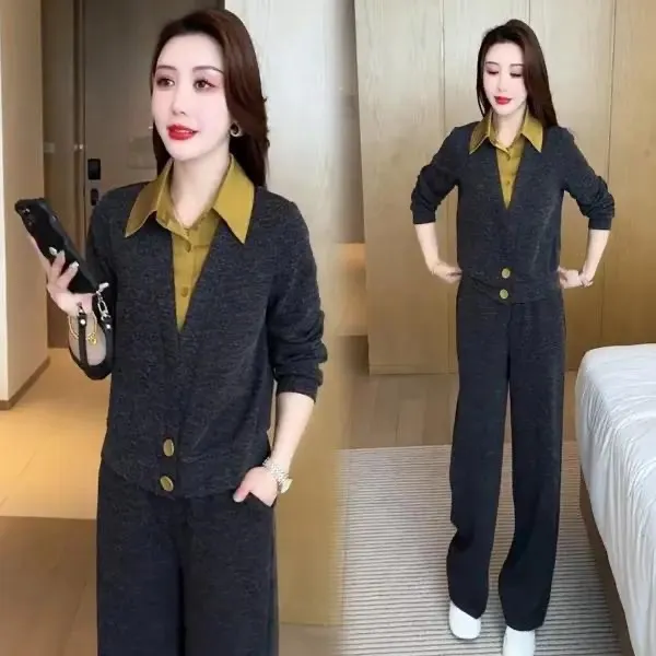时尚气质套装女春秋季新款洋气减龄Polo领卫衣休闲阔腿裤两件套装