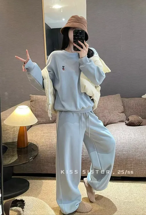 2025韩版 冬款新款 加绒加厚 宽松显瘦卫衣加卫裤套装减龄两件套