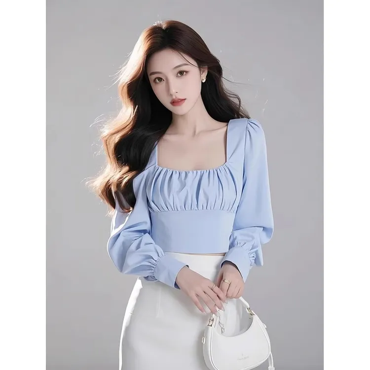 春季别致韩系chic蓝色方领长袖衬衫女设计感小众修身短款绝美上衣