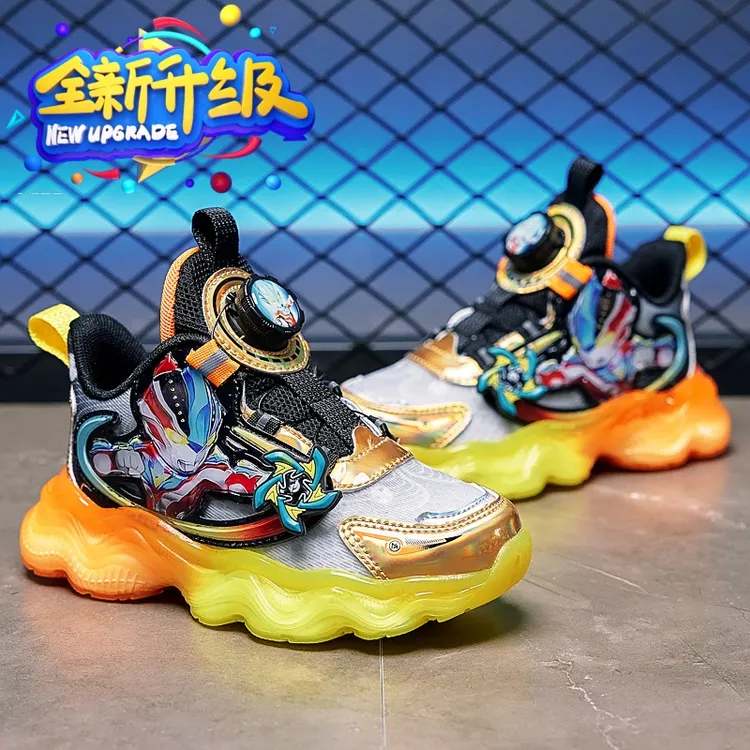 春秋季网面透气新款男童奥特慢风车软底发光亮灯鞋儿童轻便运动鞋