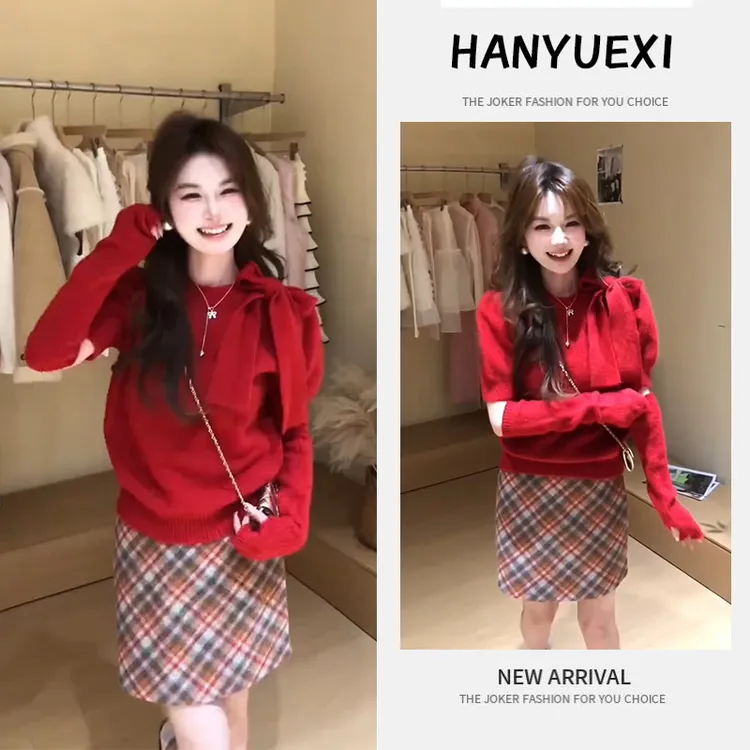 早春温柔系穿搭一整套女2026新款洋气减龄红色显瘦毛衣短裙两件套