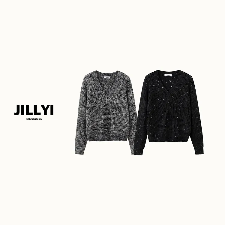 JILLYI【秋野灰烬】灰黑两色V领扎染时尚百搭针织衫秋季简约百搭