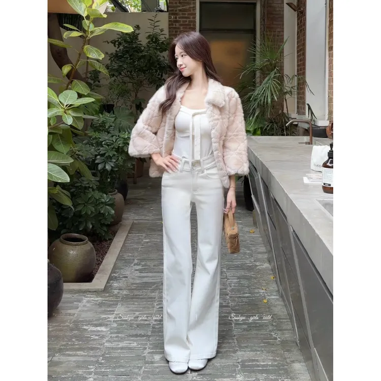 小兔泡花茶【北海道初雪】原创秋冬新款加绒四面弹中高腰微喇牛仔裤