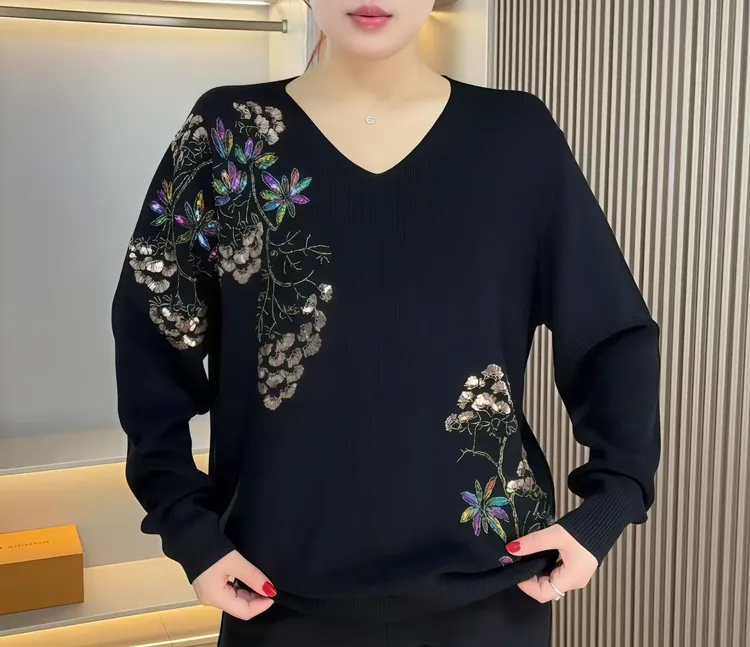 【雪韵】七彩琉璃花刺绣秋季中长款冬季针织毛针织衫女装妈妈款百搭