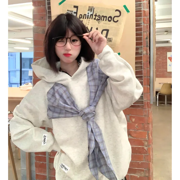 美式潮牌拼接格子蝴蝶结绑带cleanfit连帽卫衣男女休闲情侣外套潮