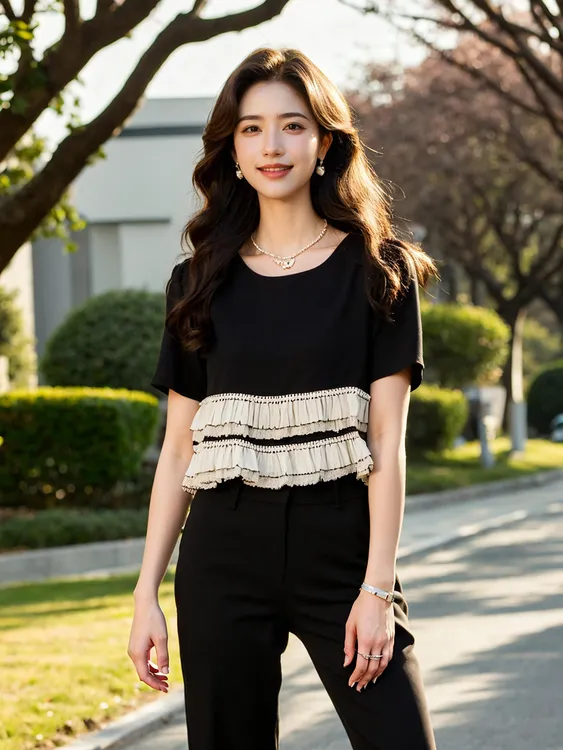 奢姿大码女装2025夏季时尚黑白褶边上衣胖妹妹气质拼接短袖针织衫