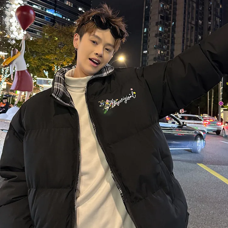 美式复古冬季棉服男2025新款学生面包服加厚立领棉衣花卉格子棉袄