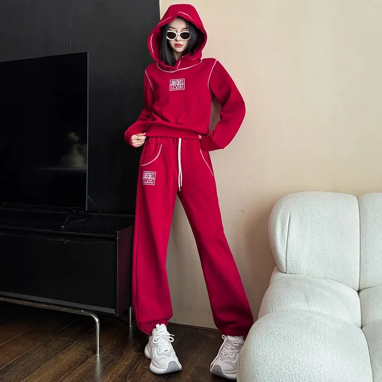 显瘦洋气时尚休闲网红炸街减龄韩版红色卫衣运动服春秋套装女