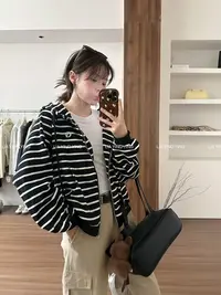 【孤单自述】复古慵懒百搭～条纹卫衣女秋连帽宽松开衫字母刺绣外套