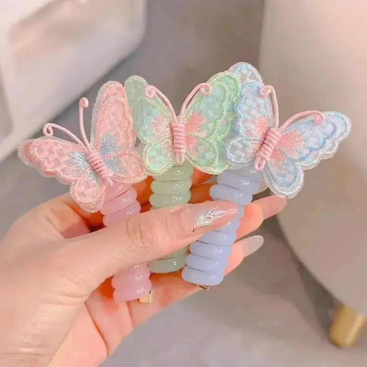 电话线蝴蝶发圈儿童头绳发圈高级感刺绣款蝴蝶结发绳头绳女童发饰商品图