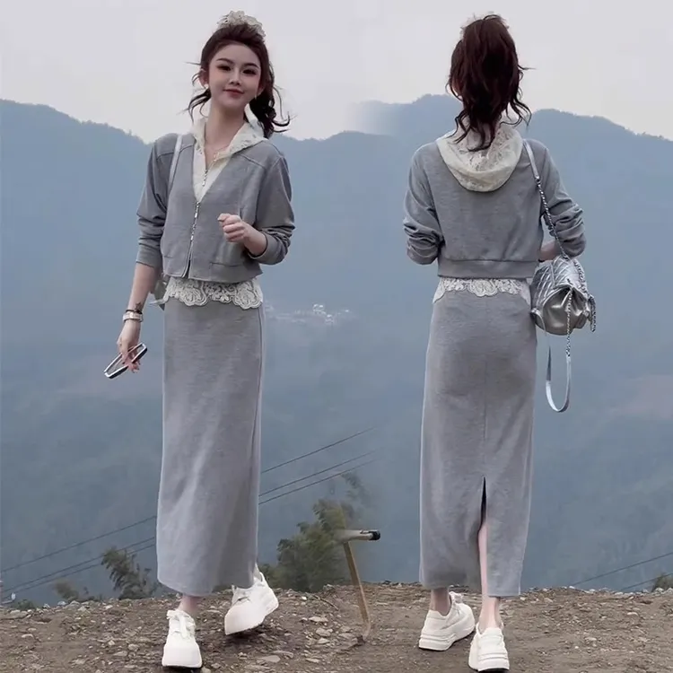 时尚洋气套装裙女2025春季新款蕾丝连帽卫衣外套高腰半身裙两件套