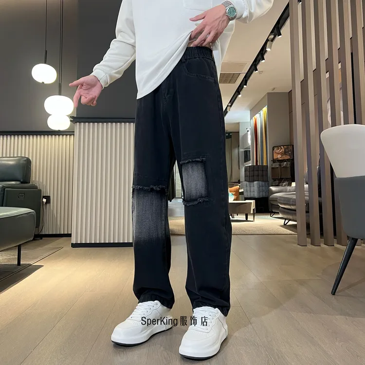 男生复古破洞黑色牛仔裤直筒宽松弯刀痞帅灰色牛仔裤慵懒男装