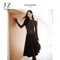 玖姿安娜蔻迪木尔风针梭拼接假两件半高领连衣裙女2025冬季新款