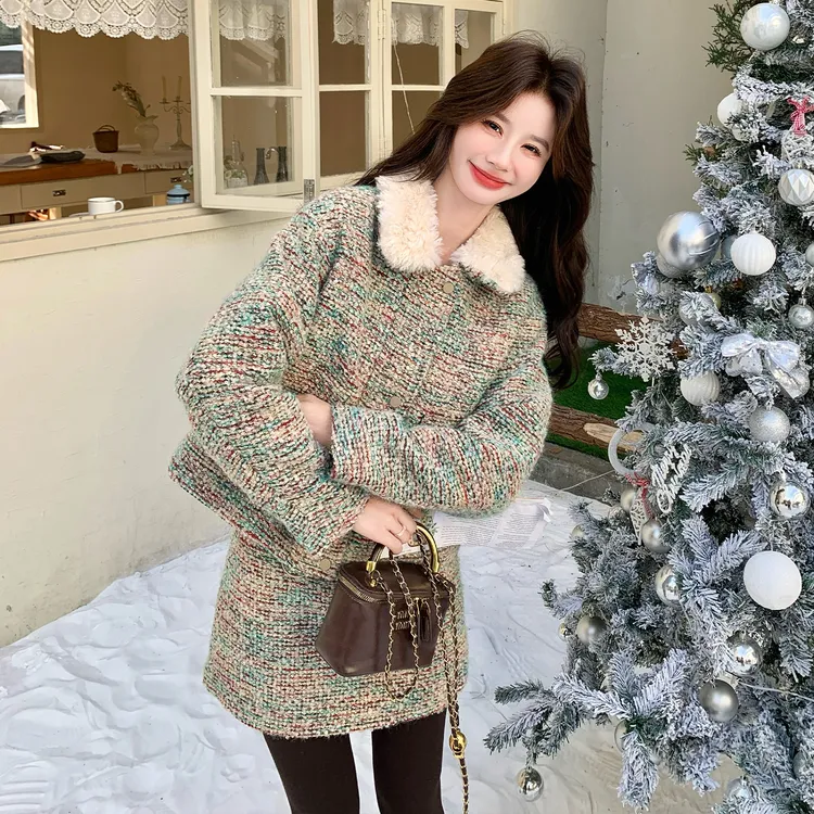 彩色粗花呢小香风套装裙女冬季2025新款气质女神范羽绒内胆两件套