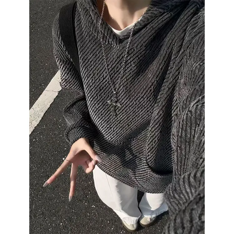 春秋新款重磅小香风连帽卫衣男休闲宽松编织外套时尚百搭套头上衣