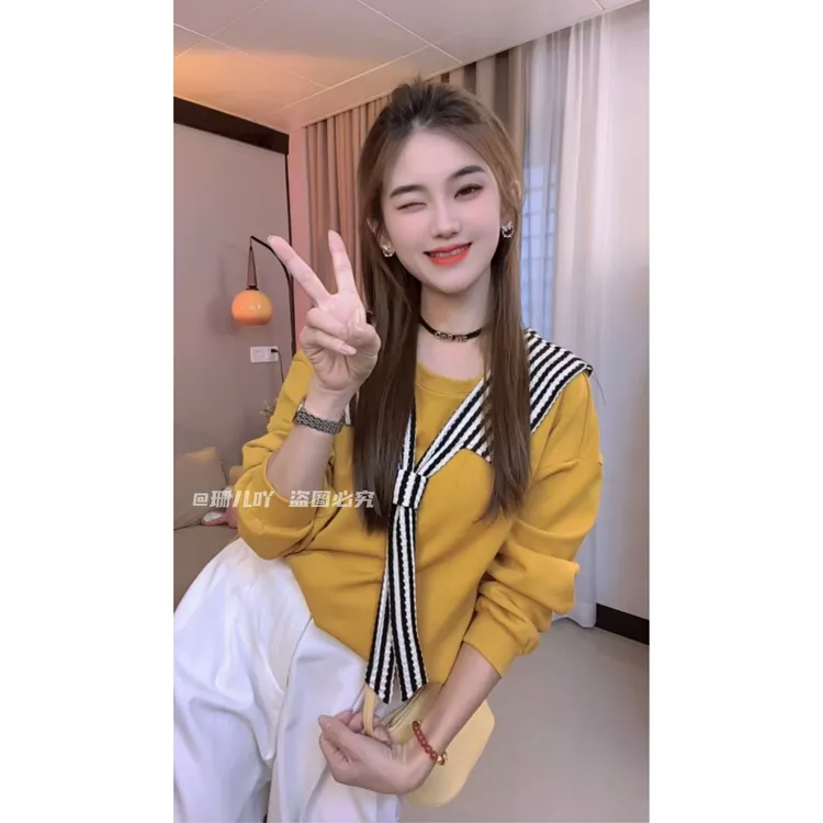 2025秋季新款条纹披肩长袖假两件显瘦时尚卫衣女宽松休闲上衣