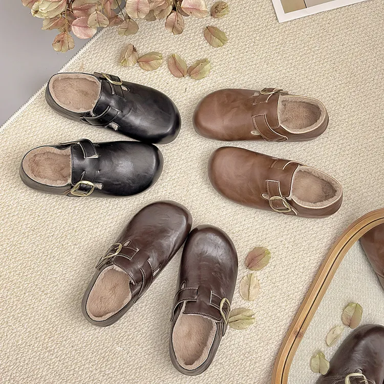 学院风复古港风休闲风纯色棉鞋韩版冬季加绒软底百搭英伦风单鞋女