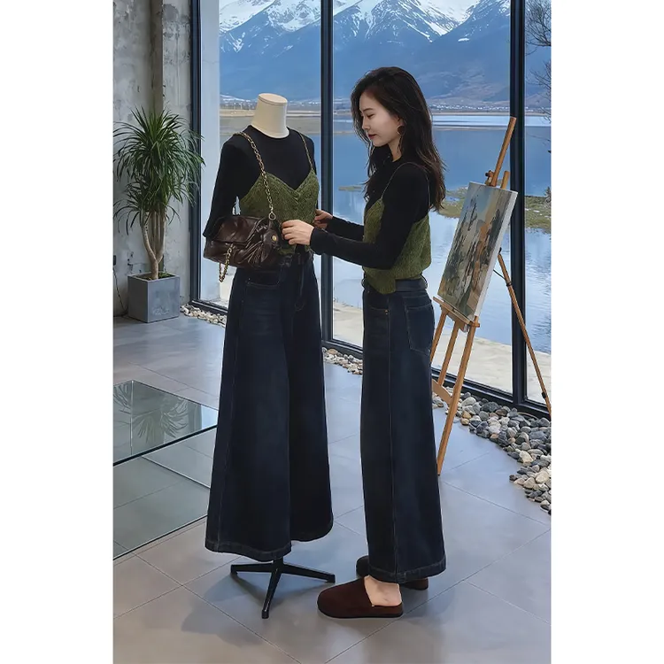 早秋小个子叠穿套装针织吊带背心黑色打底衫上衣阔腿牛仔裤三件套