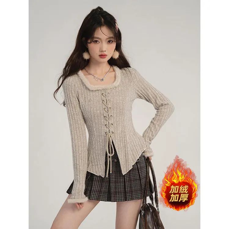 2025秋冬新款胖mm加绒针织衫绑带拼接毛边领收腰显瘦长袖上衣8172