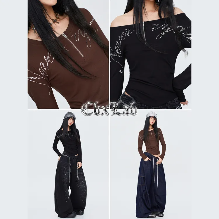 【达人专属】CBXLAB街舞潮牌反叛笔锋烫钻上衣显瘦长袖辣妹短款时尚
