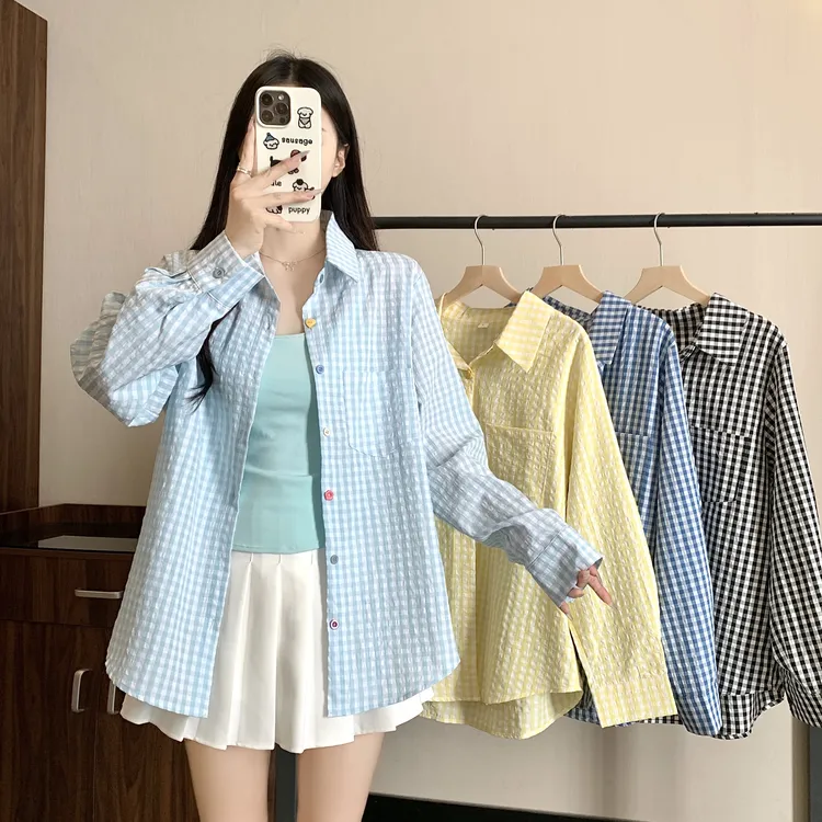 2025春夏新款大码女装格纹长袖防晒衬衫外套3151