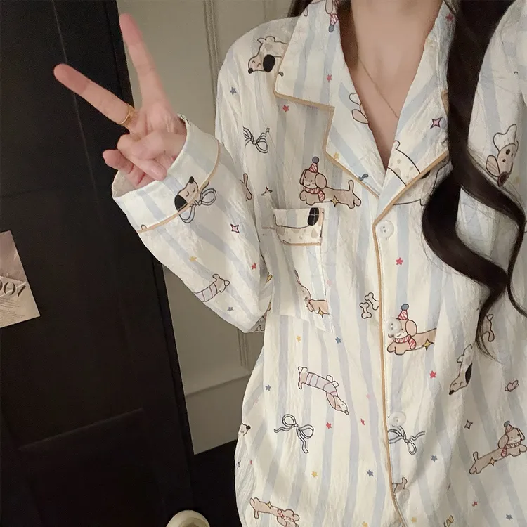 睡衣女春秋季云朵棉长袖大码冬天2025新款蓝条小狗套装开衫家居服