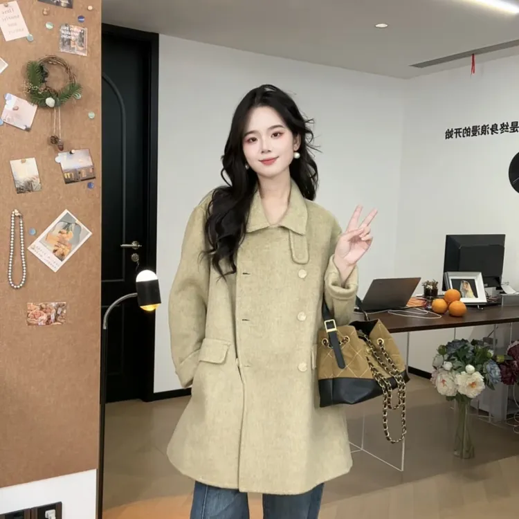 萌姐2025娃娃领时尚简约气质短款羊毛大衣双面毛呢春夏中长款韩版