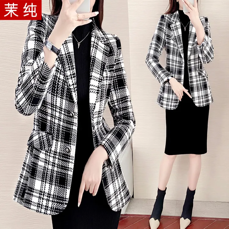 毛呢外套女2025年新款黑白格子气质女神范西装小个子短款呢子大衣