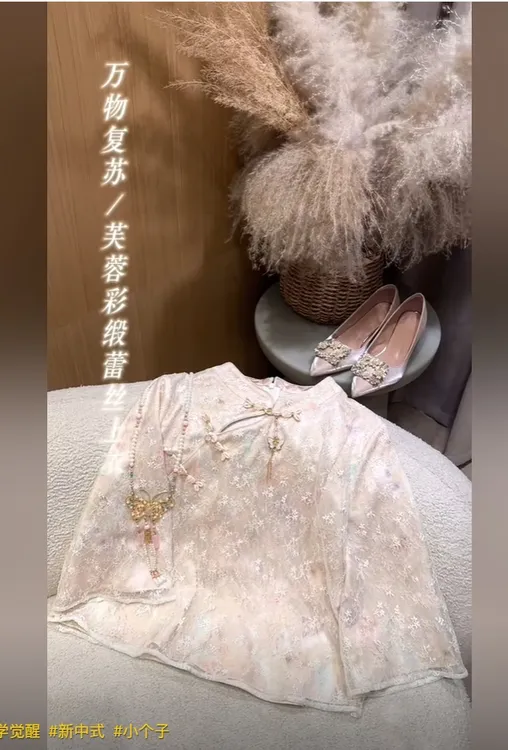 《万物复苏•烟雨江南》蕾丝绣花叠加缎面国风套装小衫高腰半身裙女