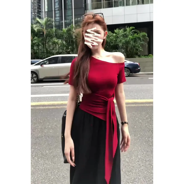2025夏季新款女韩系穿搭露肩修身设计感上衣百搭高腰显瘦阔腿长裤