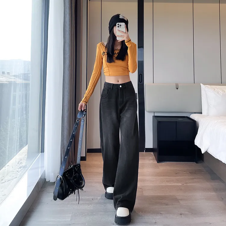 早秋新款阔腿牛仔裤女2025秋季小个子宽松显瘦高腰直筒拖地裤