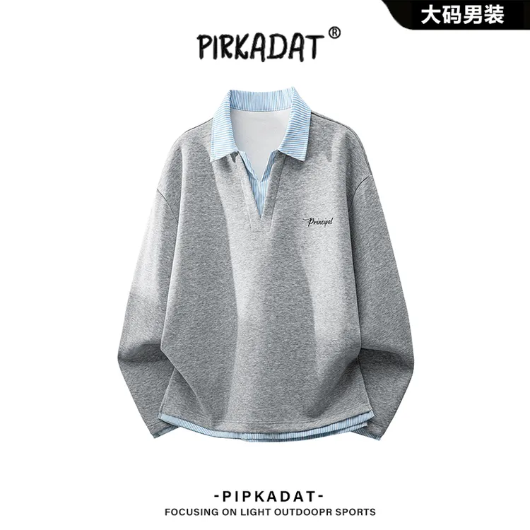 Pirkadat秋季新款假两件印花翻领POLO衫男韩式简约时尚休闲宽松男