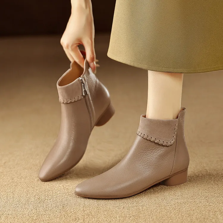 短筒时装靴粗高跟真皮2024新款复古2024年新款百搭法式及踝裸靴