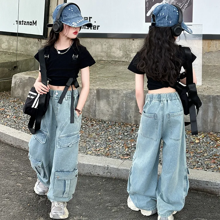 女童牛仔工装裤套装2025新款6-12岁中大童潮酷个性独特休闲两件套