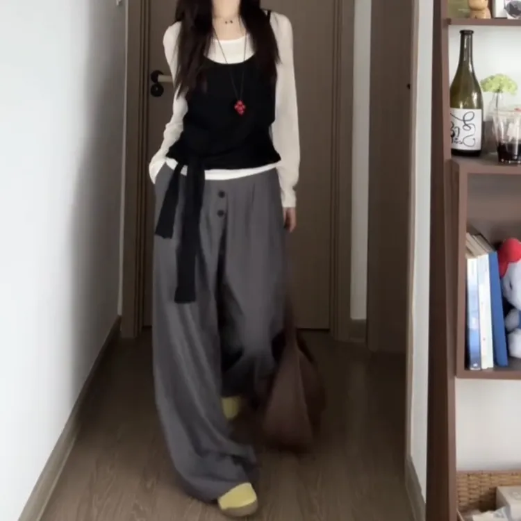 韩系设计感黑白针织衫女+排扣西装裤套装女