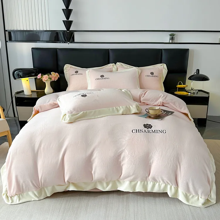 【新品上新】宽边刺绣牛奶绒四件套加绒加厚防静电床裙双面绒家居风