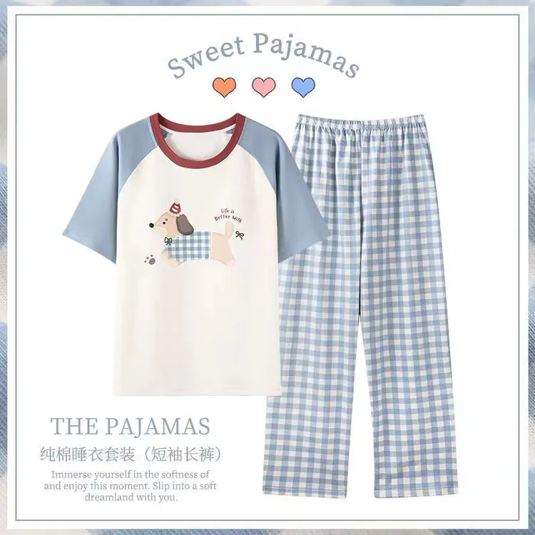 卡之恋夏季福音棉睡衣短袖短裤长裤套装小狗减龄纯棉家居服套装