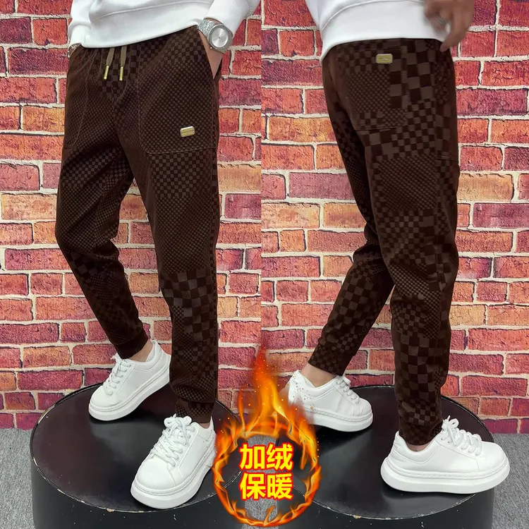 2025冬季新款加绒保暖植绒印花男士休闲裤棋盘格束脚裤潮流修身