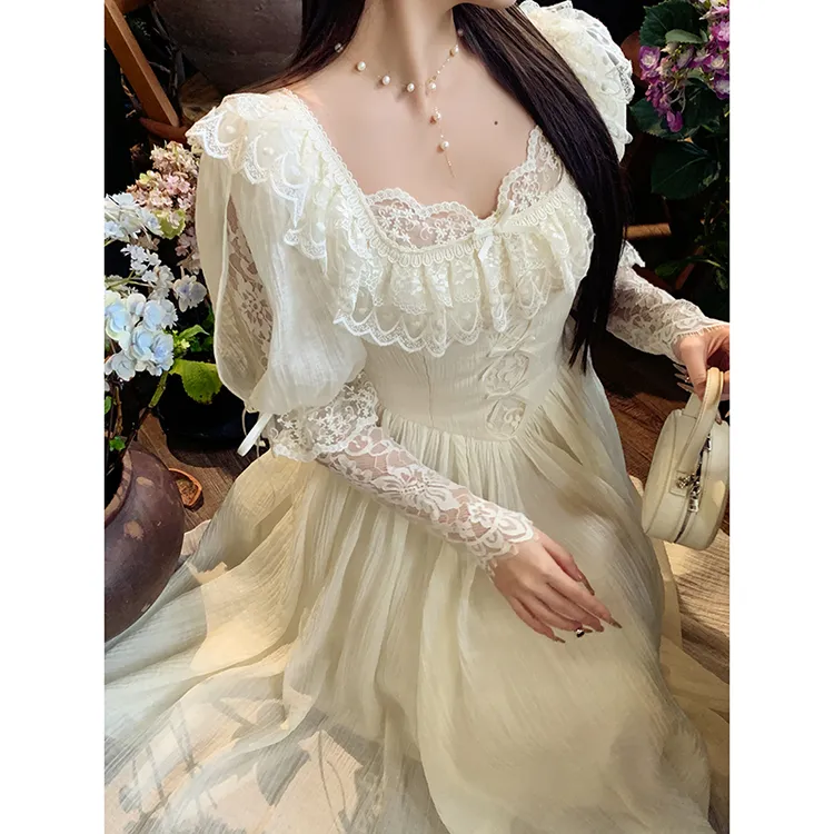 冰冰来了【造梦星轨】法式重工纯欲蕾丝少女拼接长袖连衣裙27000