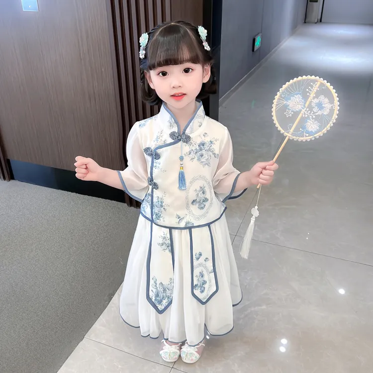 古装裙青花瓷演出服女童汉服六一儿童中国风套装中式唐装宝宝复古