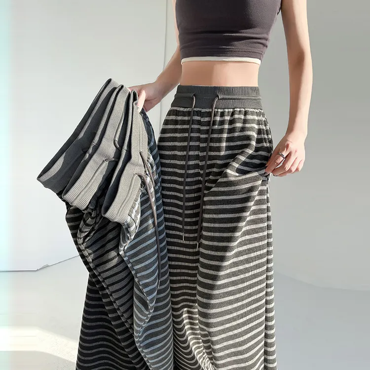 春秋裤女慵懒垂感糯米裤显瘦直筒条纹拼色宽松百搭阔腿裤显瘦百搭