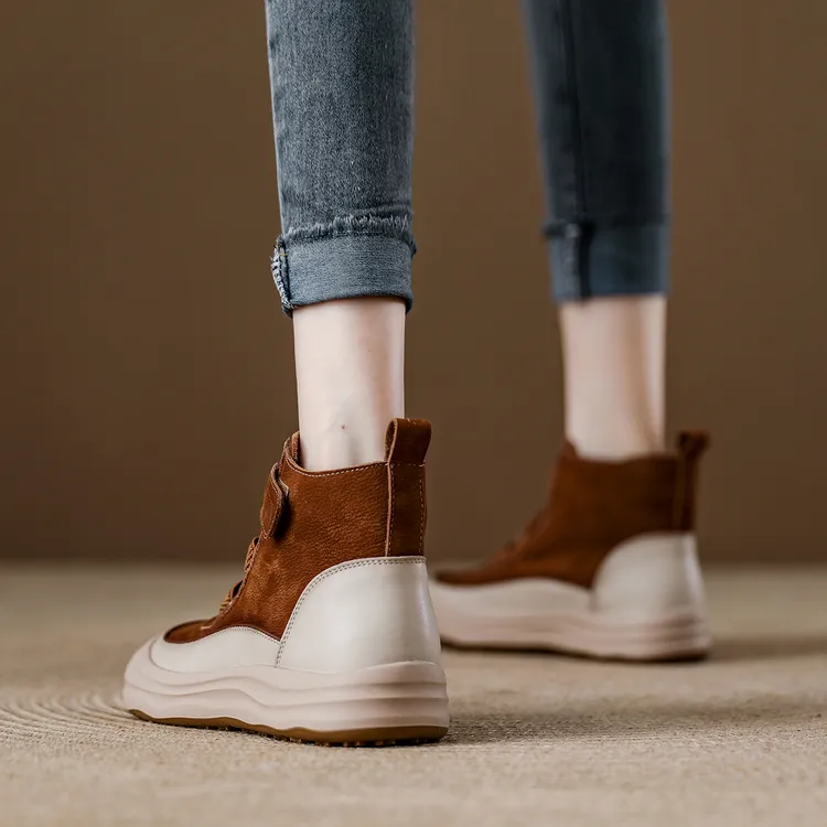 头层牛皮高帮短靴女2025秋季新款魔术贴女鞋厚底真皮软底软面板鞋