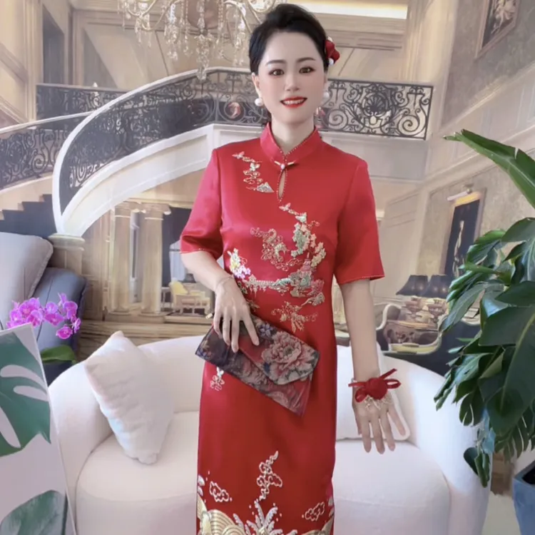 中国风旗袍气质网红时尚显瘦长袖复古春季春夏红色女士中式中长款
