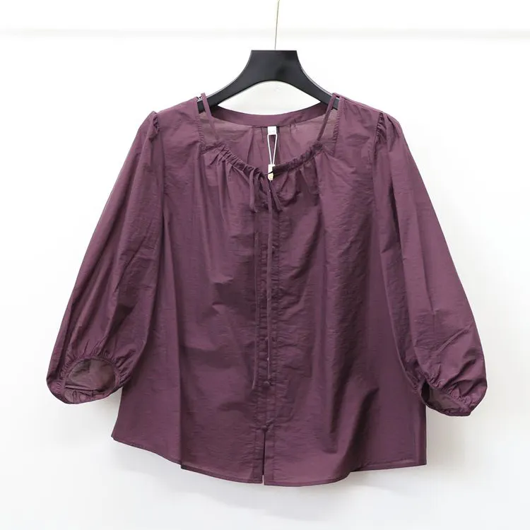 2025夏季新款紫色镂空系带圆领七分袖衬衫女宽松百搭显瘦小衫上衣