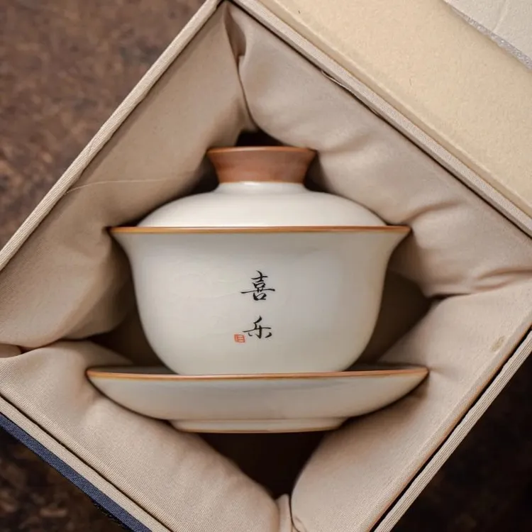 汝窑米黄三才盖碗悬停可旋转陶瓷单个防烫不烫手高档茶杯碗泡茶具