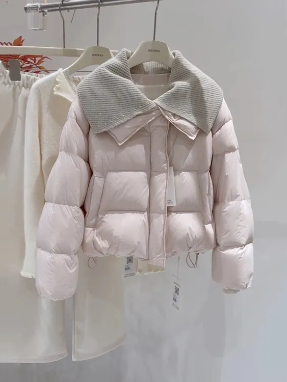 韩系针织拼接大翻领假两件羽绒服女冬2025新款小个子减龄保暖外套