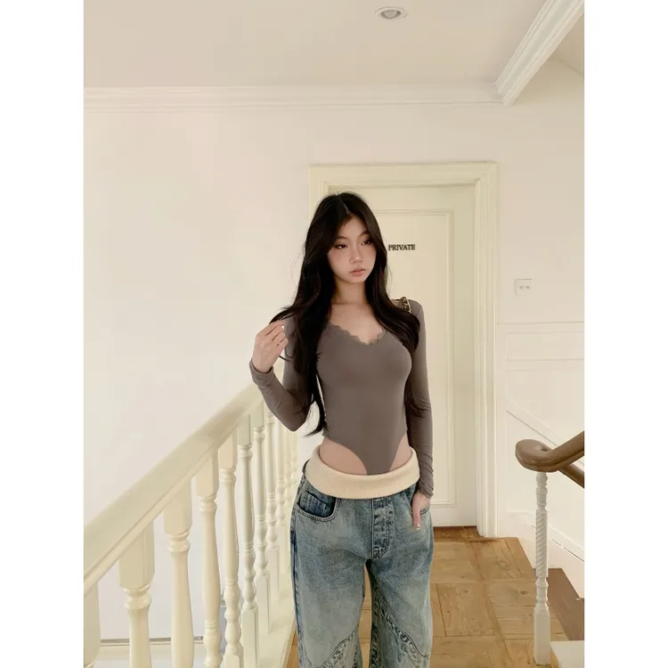 withmin凉皮 露背辣妹蕾丝连体修身绑带裸感长袖带胸垫J2600132