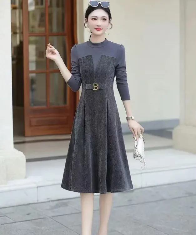 A1342法式高弹力秋季长袖减龄气质连衣裙气质洋气秋冬修身裙子