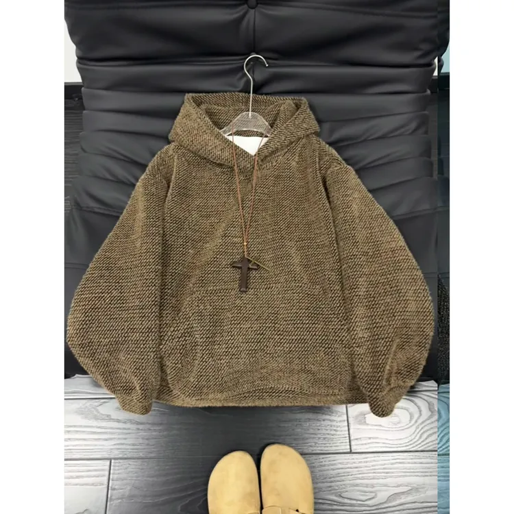 满天星毛绒连帽卫衣男秋冬款高级感痞帅套头针织上衣宽松复古外套